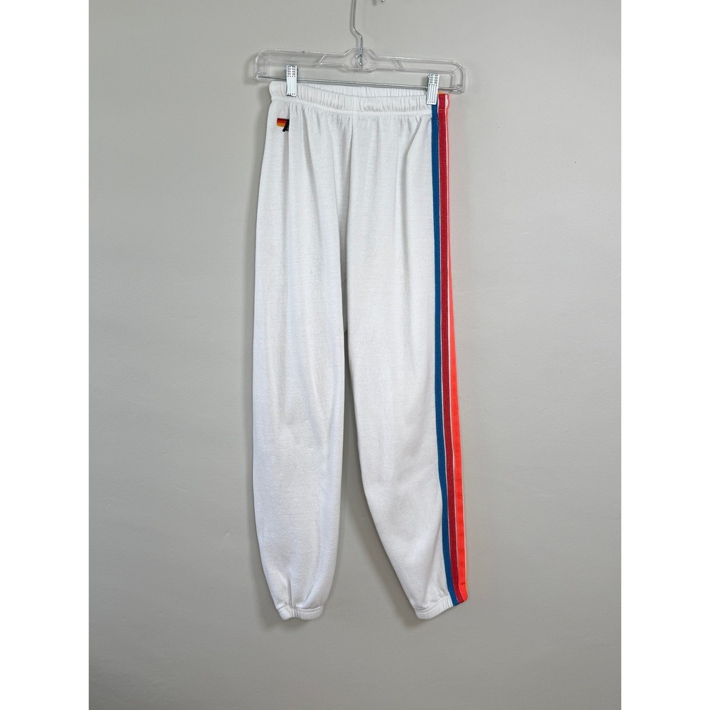 Aviator Nation Sweatpants Women XS White Rainbow Side Stripe Joggers Surf Retro